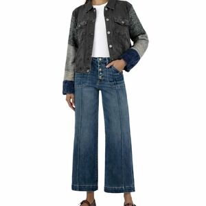 FDJ Knit Faux Fur Sleeve Denim Jacket‎ XL Black Sequin Blue Boho Eclectic Artsy